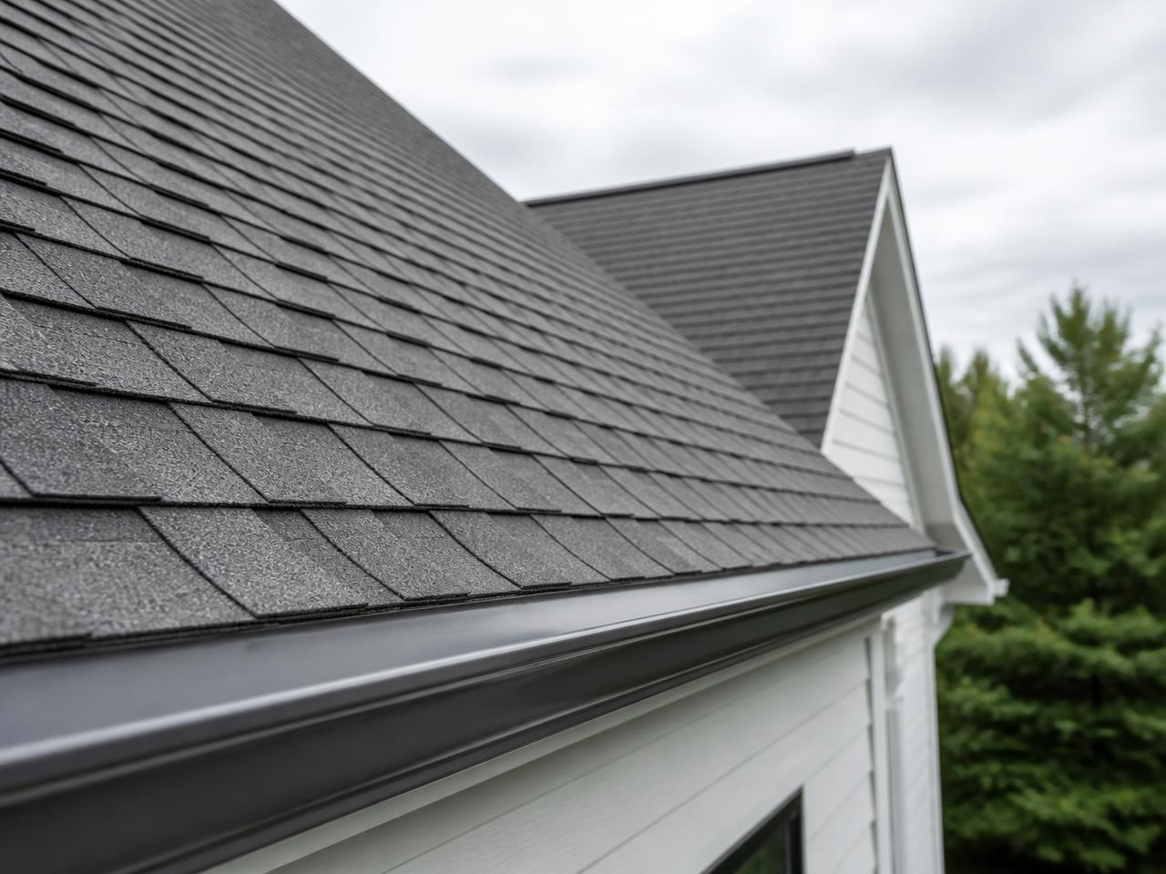 Roof edge detail showing shingle rows, drip edge and a clean metal gutter line
